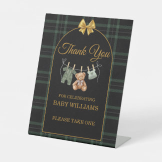 Thank You Favor Sign Green Gingham Teddy Bear Sockelschild