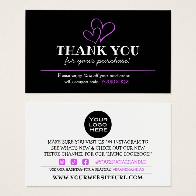 Thank You for Purchase Fuschia Heart Discount Card (Vorne & Hinten)