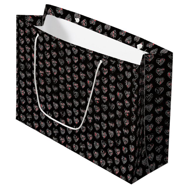 Thank you & hearts 44langs as WH♡shaped pattern Große Geschenktüte (Vorderseite Schrägansicht)