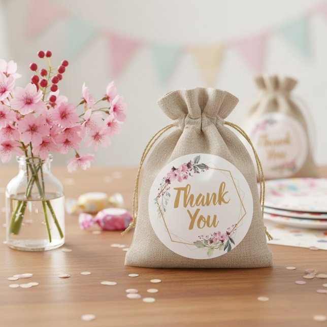 Thank You Labels with Pink Sakura Flowers Runder Aufkleber (Thank you favor bag label with pink cherry blossom flowers.)