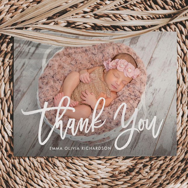 Thank You | Modern Script Photo Birth Announcement Ankündigung (Von Creator hochgeladen)