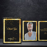 Thank you photo card birthday black gold confetti dankeskarte<br><div class="desc">A chic black background color and a faux gold frame. With a golden confetti rain. On front a modern hand lettered style script and the text: Thank You and a floral faux gold decor. Inside: Template for Your thank you note and name/names. Template for Your photo. Back: Template for Your...</div>