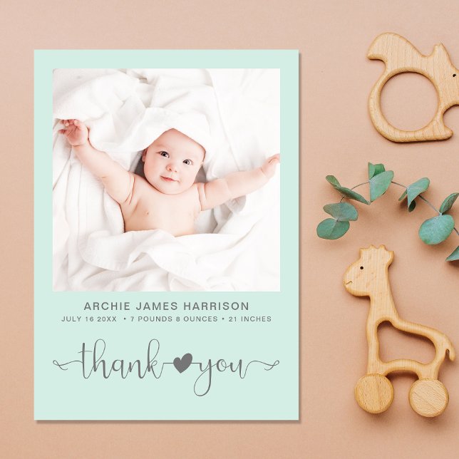 Thank You Photo Heart Arrow Soft Grey Mint Birth Ankündigung (A beautiful and unique way to thank family and friends and introduce them to your precious  baby)