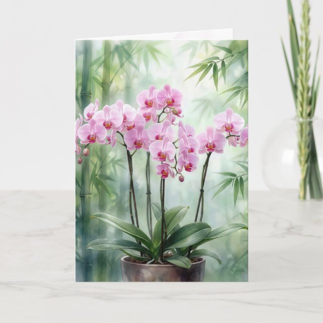 Thank You Pink Orchids On Green Bamboo Karte (Vorderseite)