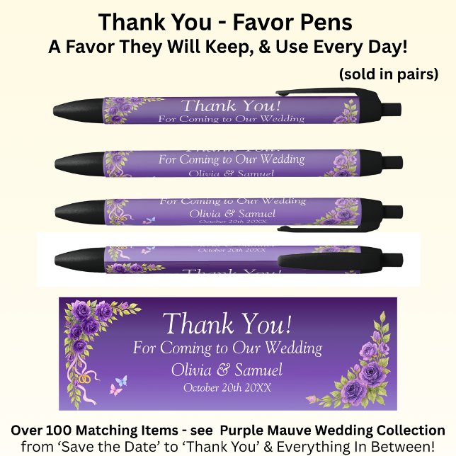 Thank You, Purple Mauve Flowers & White Wedding  Kugelschreiber (Von Creator hochgeladen)
