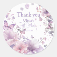 Thank You Sticker Label | Lilac Butterfly Watercol