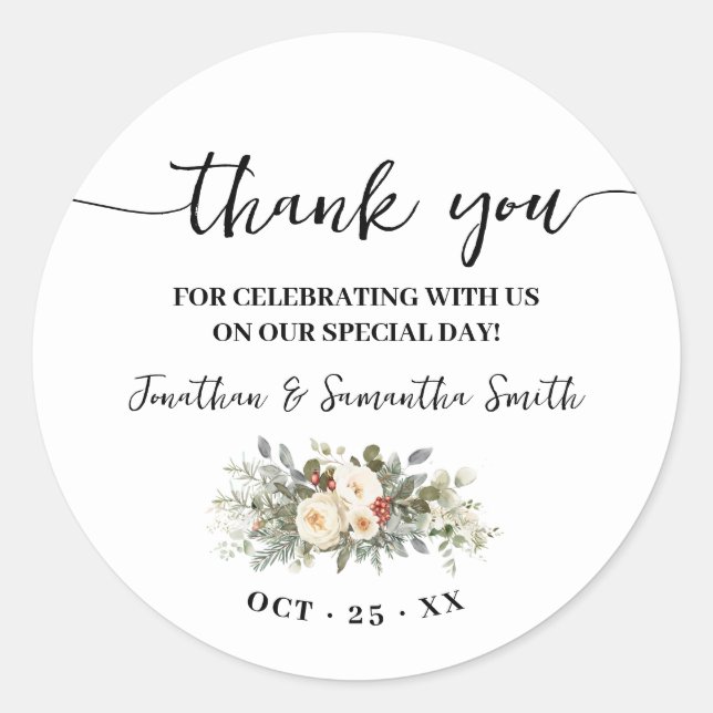 Thank You Winter White Flowers Wedding Runder Aufkleber (Vorderseite)