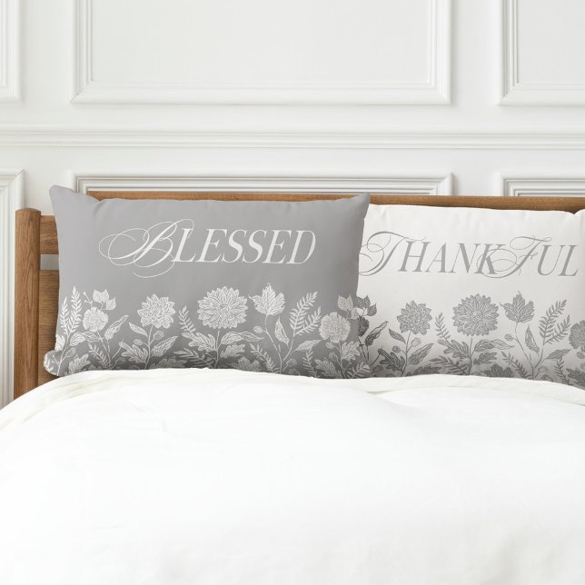 Thankful & Blessed Fall Foliage & Flowers Grey Lendenkissen (Thankful & Blessed Fall Foliage & Flowers Grey Lumbar Pillow)