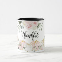 Thankful Elegant White Pink Gold Pumpkin Floral
