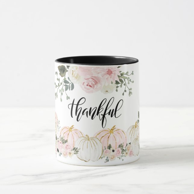 Thankful Elegant White Pink Gold Pumpkin Floral Tasse (Zentrum)