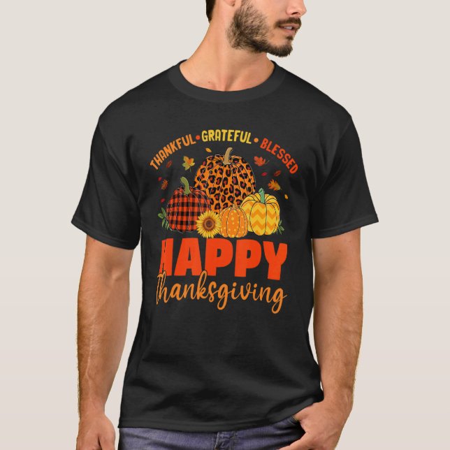 Thankful Grateful Blessed Leopard Plaid Pumpkin Th T-Shirt (Vorderseite)