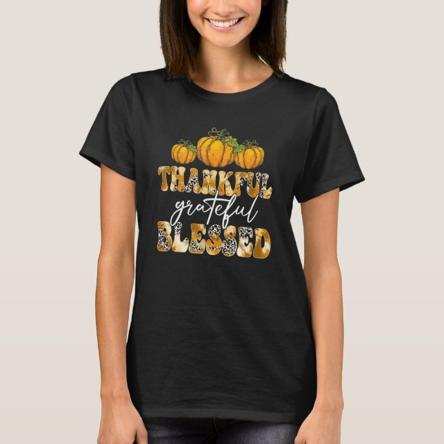 Thankful Grateful & Blessed Leopard Pumpkin Thanks T-Shirt (Vorderseite)