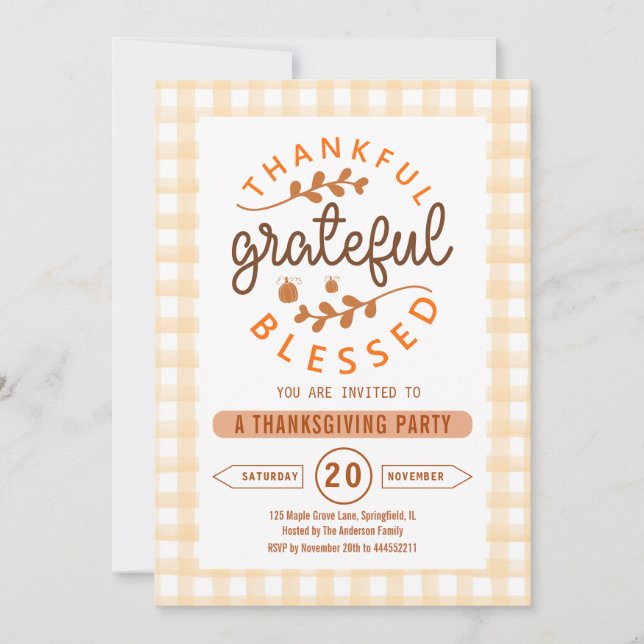 Thankful Grateful Blessed Thanksgiving Party Einladung (Vorderseite)