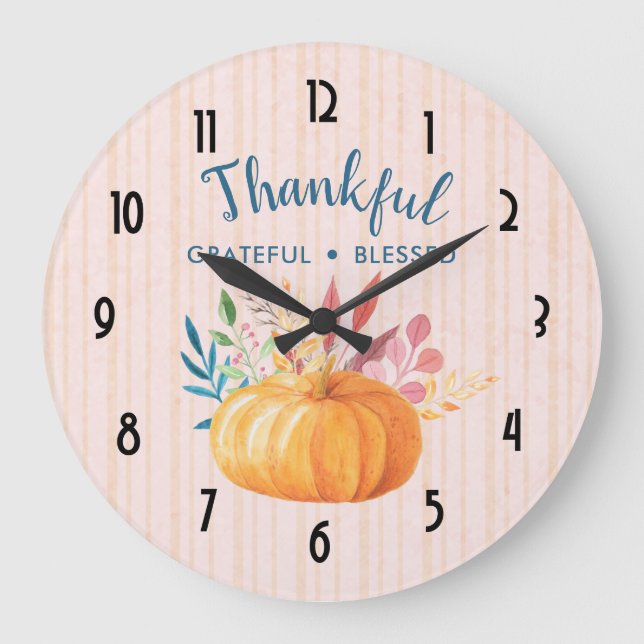 Thankful Grateful Blessed with Orange Pumpkin Große Wanduhr (Vorderseite)
