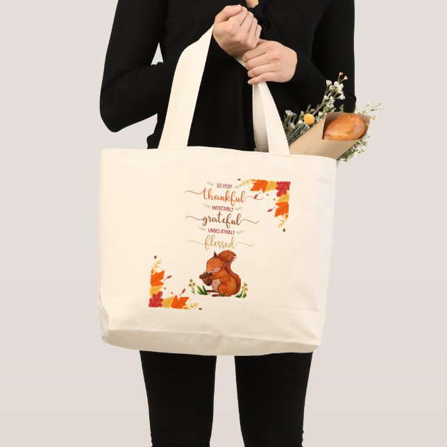 Thankful Grateful Cute Squirrel Fall Theme Tote  Jumbo Stoffbeutel (Vorderseite (Produkt))