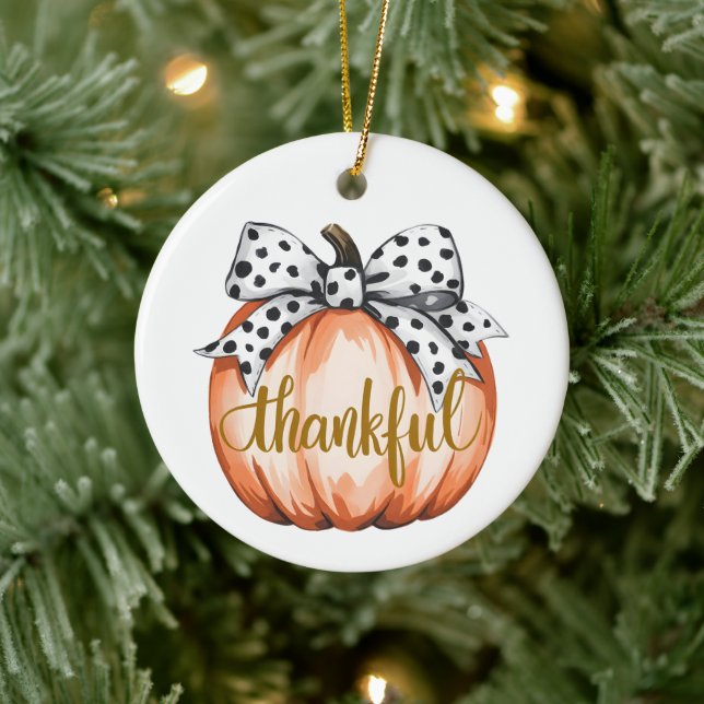 Thankful Pumpkin with Polka Dot Bow  Keramik Ornament (Baum)