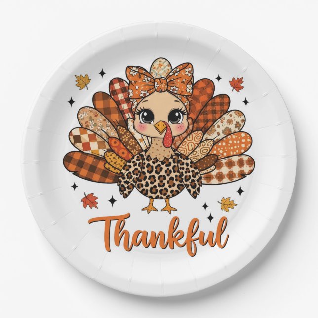 Thankful Turkey with Autumn Patchwork Feathers Pappteller (Vorderseite)