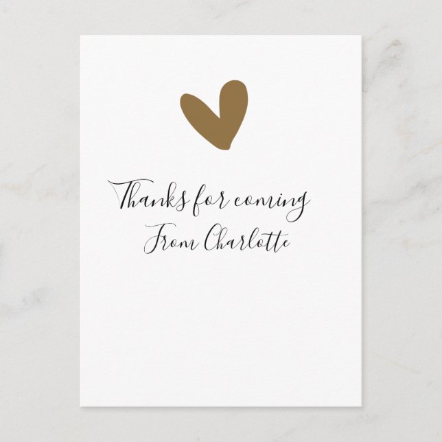 thanks for coming add name text message gold heart postkarte (Vorderseite)