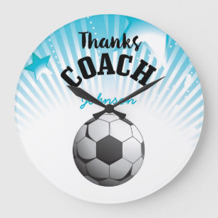 Thanks Soccer Coach Aqua Blue Stars Ball Große Wanduhr