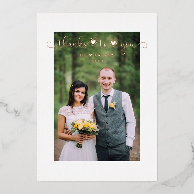 Thanks Wedding Rose Gold Heart Whimsical Script Folieneinladung (Vorderseite)