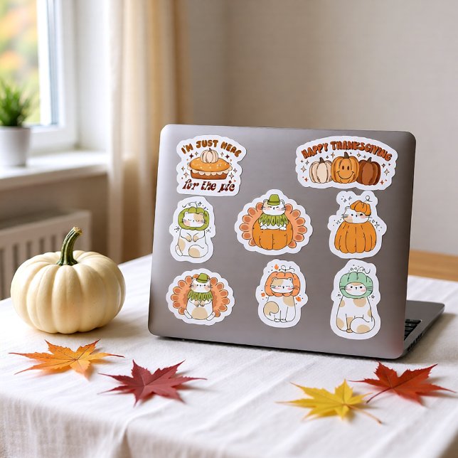 Thanksgiving Cute Kawaii Chats - autocollants (Cute Kawaii Thanksgiving Cats Pumpkin Pie Autumn Sticker)