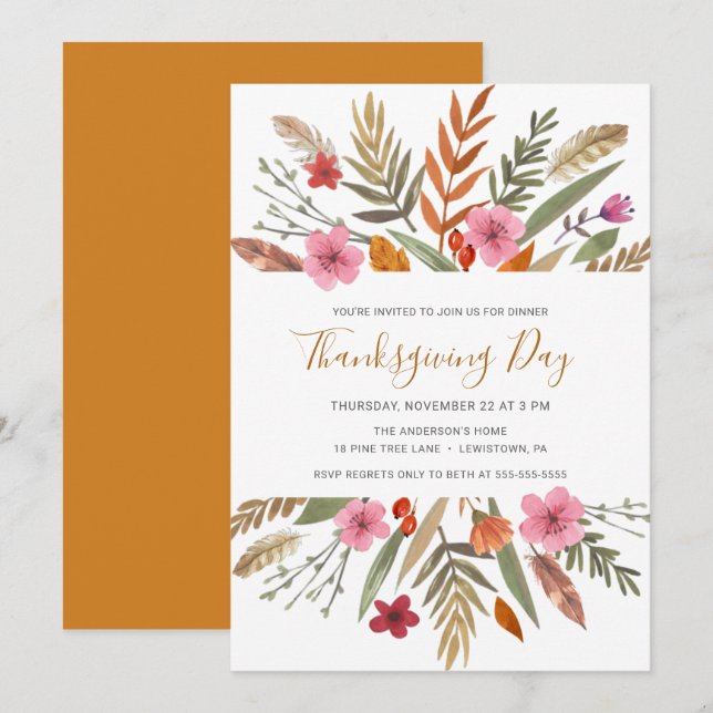 THANKSGIVING DINNER INVITATION WATERCOLOR FALL FOL (Devant / Derrière)