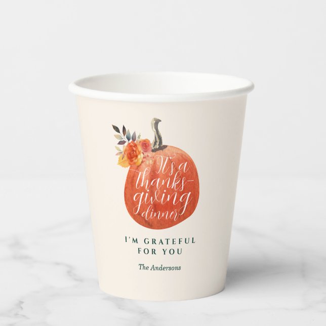 Thanksgiving Dinner Orange Autumn Pumpkin Floral Pappbecher (Vorderseite)