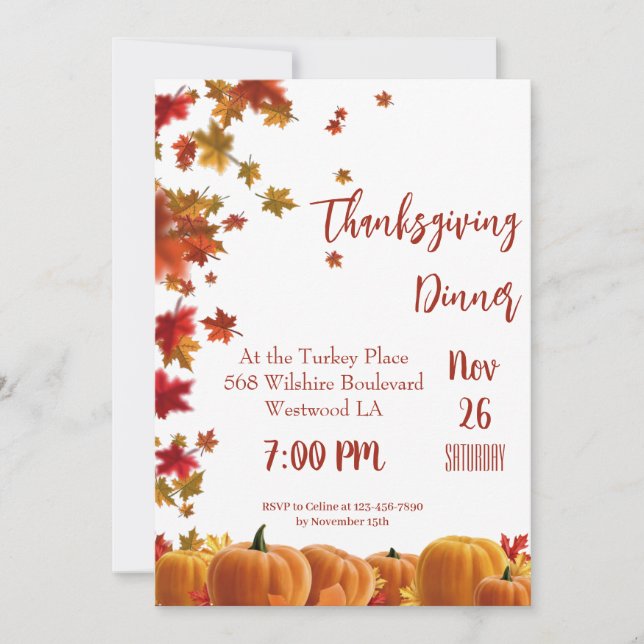 Thanksgiving Fall Leaves Pumpkin Dinner Invitation Einladung (Vorderseite)