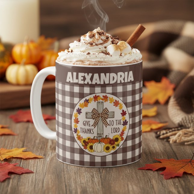 Thanksgiving Give Thanks To The Lord Brown Plaid Kaffeetasse (Von Creator hochgeladen)