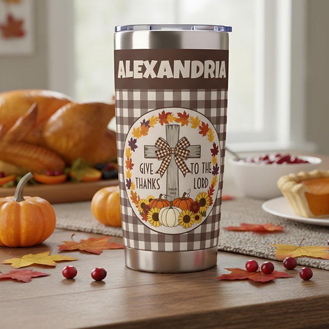 Thanksgiving Give Thanks To The Lord Brown Plaid Thermobecher (Von Creator hochgeladen)