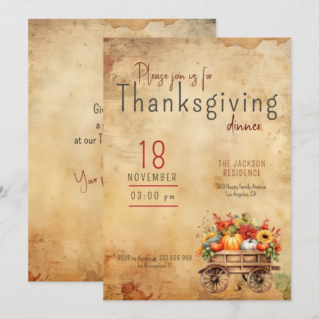 Thanksgiving Invitation Russe Citrouille Panier (Devant / Derrière)