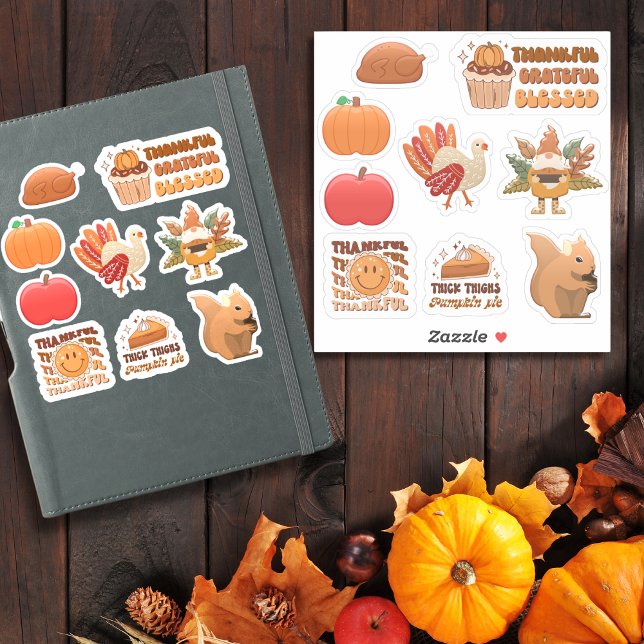 Thanksgiving pack 3 avec 9 modèles- autocollants (Thanksgiving – Turkey, Pumpkins, Pie & Fall Quotes Sticker)
