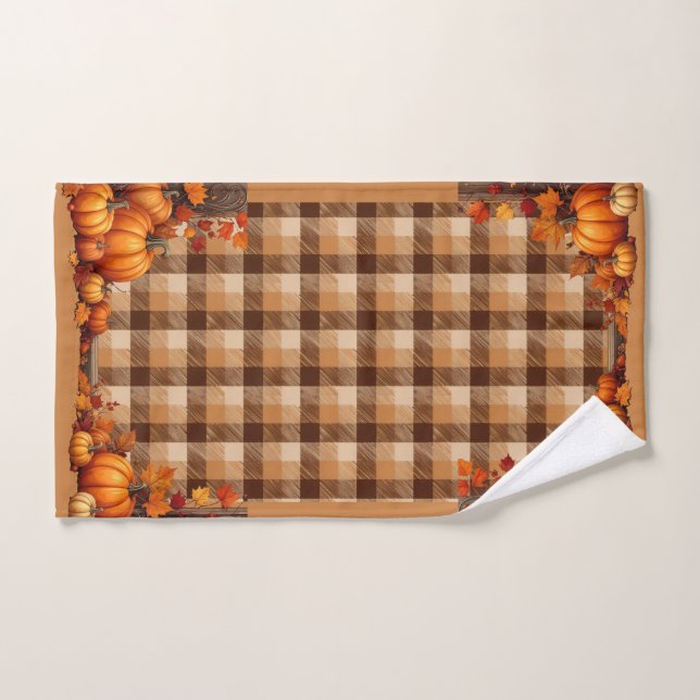 Thanksgiving Plaid avec frontière Citrouille (Serviette à main)