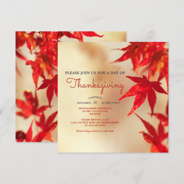 Thanksgiving Red Autumn Leaves Border Template Einladung (Vorne/Hinten)