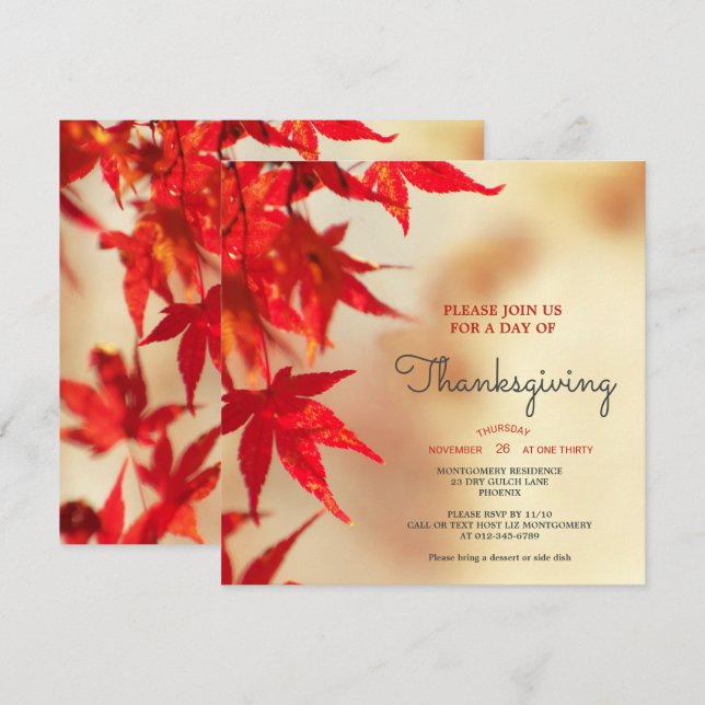 Thanksgiving Red Autumn Leaves Border Template Einladung (Vorne/Hinten)