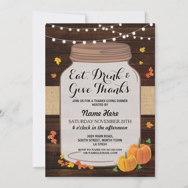 Thanksgiving Rustic Jar Wood Citrouille Invitation (Devant)