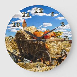 Thanksgiving Straw Wagon in the Field Große Wanduhr