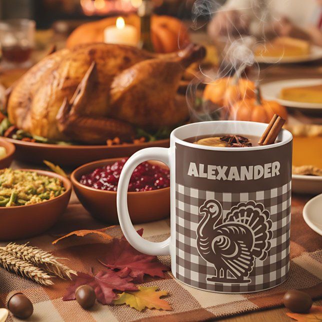 Thanksgiving Turkey Brown & Tan Plaid Name Kaffeetasse (Von Creator hochgeladen)