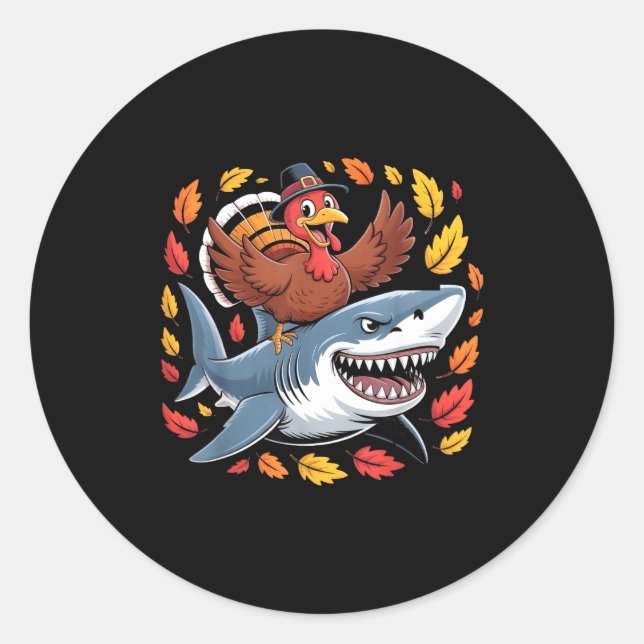 Thanksgiving Turkey Riding Shark Funny Autumn Boys Runder Aufkleber (Vorderseite)