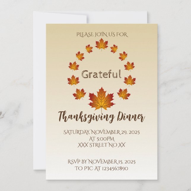 Thanksgiving Wreath Grateful Simple Maple Leaves Einladung (Vorderseite)