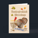 Thanksgivukkah Segen-Karte - die Türkei u. Menorah Feiertagskarte<br><div class="desc">Dieses Thanksgivukkah Segen kardiert Eigenschaften die Türkei,  Menorah,  Herbstlaub und eine Familien-Fahne. Eine spezielle Karte,  zum von Thanksgivukkah Segen zu schicken der Familie und den Freunden. ©2013 Kreative Gefühl-Karten durch Sherry Harris</div>