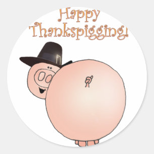 "Thankspigging" lustiger Cartoon-Schwein-Erntedank Runder Aufkleber