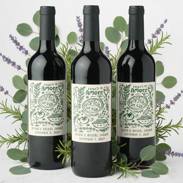 That's Amore Italian Food CUSTOM Bridal Shower Weinetikett (That's Amore Italian Food Hand-drawn Doodles CUSTOM Bridal Shower Wine Food Label Stickers
)