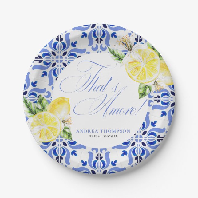 That's Amore Lemon Italian Blue Tile Bridal Shower Pappteller (Vorderseite)
