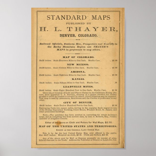 Thayers Karte von Colorado Poster (Vorne)