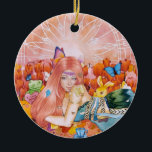 The Afternoon Keramik Ornament<br><div class="desc">Everything is pink and warm tones from the background to the young lady hair,  pink sky,  pink tulips,  stufftoys and etc 
Art title: The Afternoon
Medium: Mix Media (watercolor,  acrylic,  and colored pencils on watercolor paper camvas)
Size: 12 x 18 inch
Date: January 19,  2022</div>
