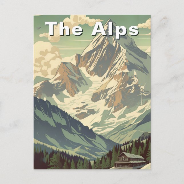 The Alps Retro Travel Skiing Mountain Lodge Postkarte (Vorderseite)