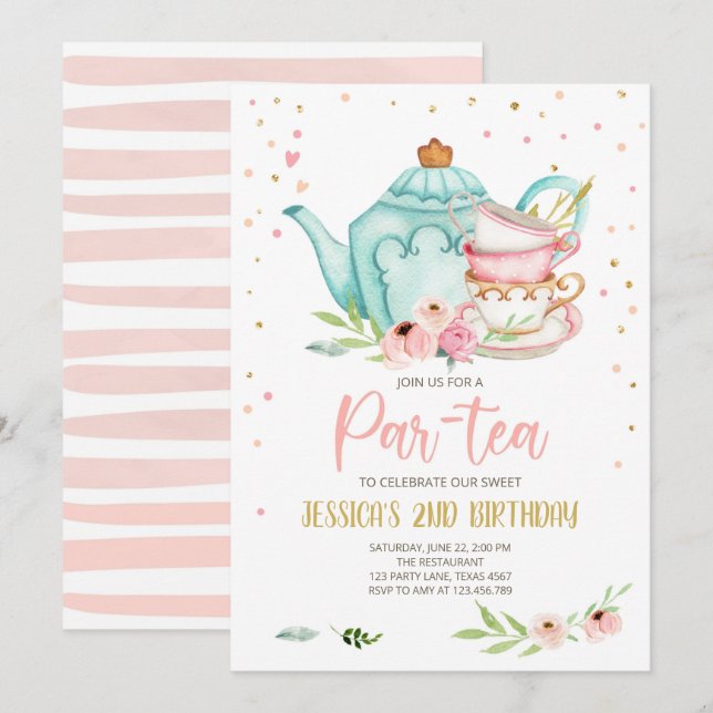 Thé Anniversaire Invitation Fille Fête Par Thé Flo (Devant / Derrière)