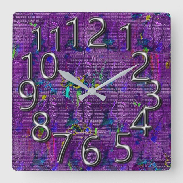The-Art-of-Time_Spritzer-Cloth-Lila-Chrome Quadratische Wanduhr (Vorderseite)