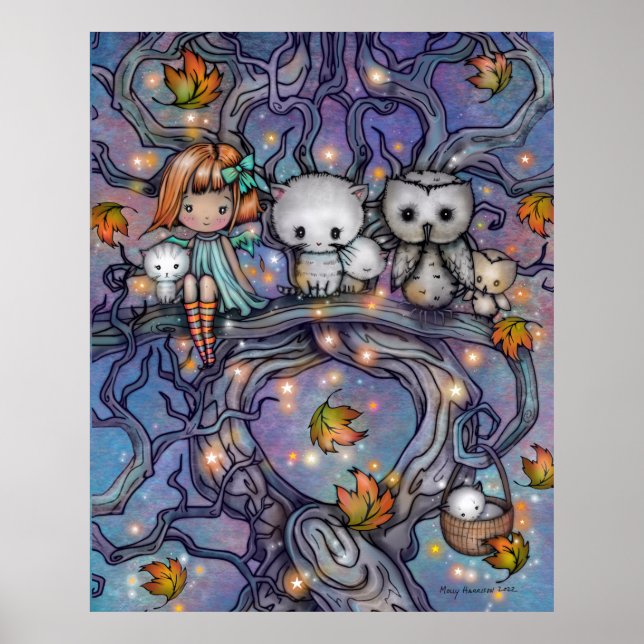 The Autumn Tree - Cats Owls Fairy Art Poster (Vorne)
